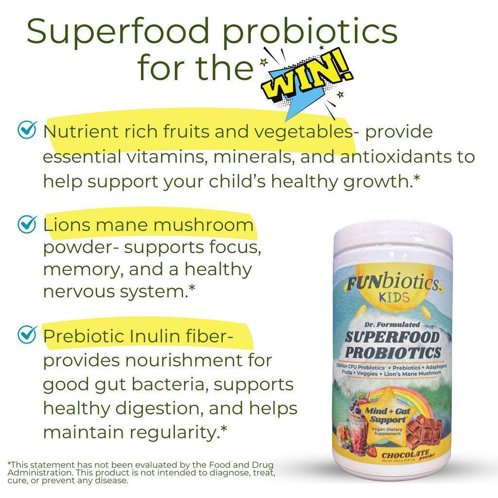 Funbiotics Superfood Probiotic with Lion's Mane – Chocolate, Sugar-Free | For Kids & Adults