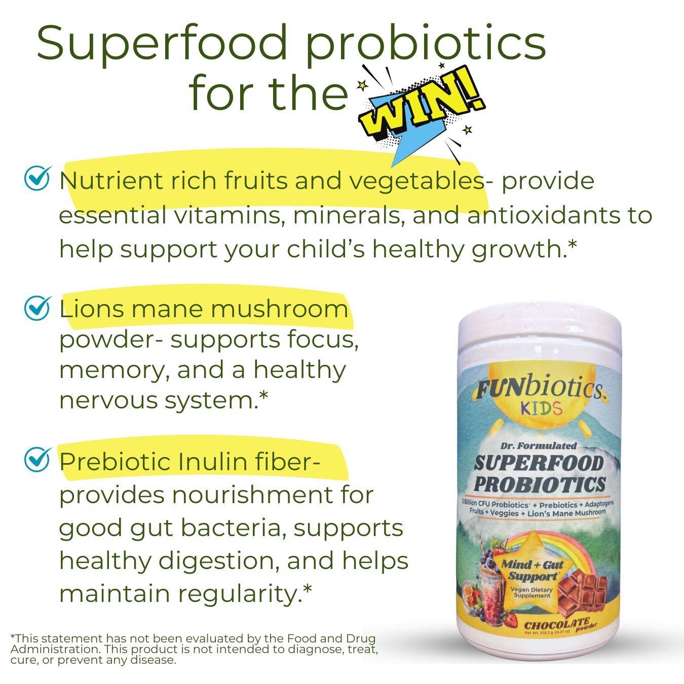 Funbiotics Superfood Probiotic with Lion's Mane – Chocolate, Sugar-Free | For Kids & Adults